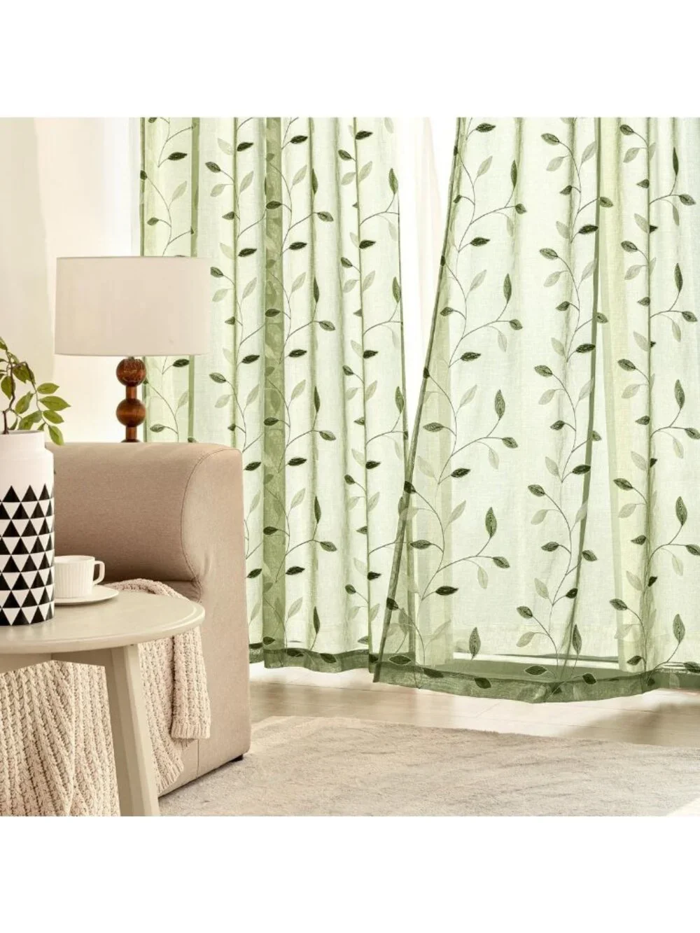 Sage Green Sheer Curtains - 2 Panels with Leaf Pattern, W52 x L45, Light